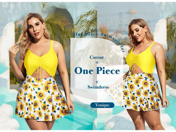Yonique Women's Plus Size One Piece Swimsuits with Skirt, V-Neck Swimdress with Built-in Bottom, Vintage Cutout Bathing Suit for Plus Size Women, Ideal Holiday Gift for Mom, Wife, Girlfriend