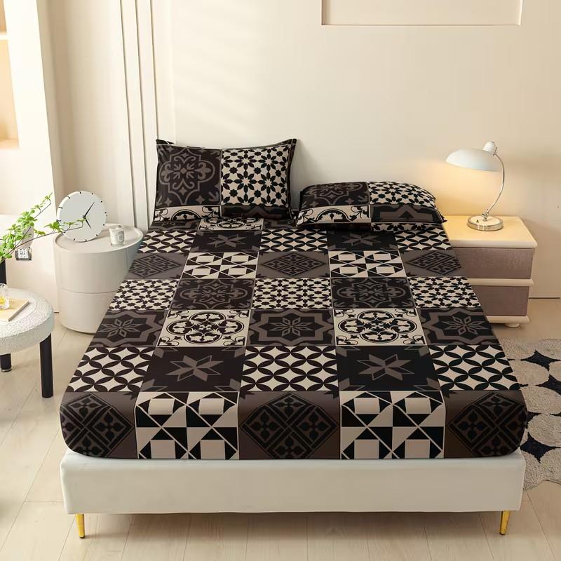 3-Piece Geometric Patchwork Bedding Set, All-Season Mattress Protector, Soft Breathable Deep Pocket Sheet & Pillowcases, Bedroom Decor