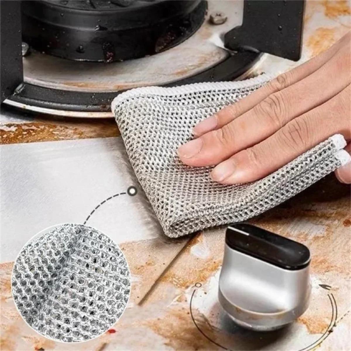 Double-layer magic steel wire cleaning cloth, metal silver thread dish towel, household kitchen cleaning rag and washing tool