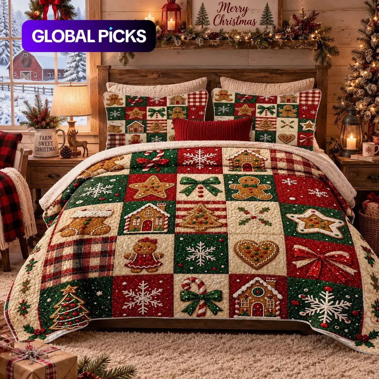 3Pcs Christmas Gingerbread Patchwork Print Quilted Bedspread Set, Candy Cane Snowflake Bow Plaid Coverlet with 1 Bedspread & 2 Pillow Shams, Lightweight Soft Breathable Fade Resistant Bedding, All Season, Queen/King Size, Holiday Bedroom Decor, Quilt Sets
