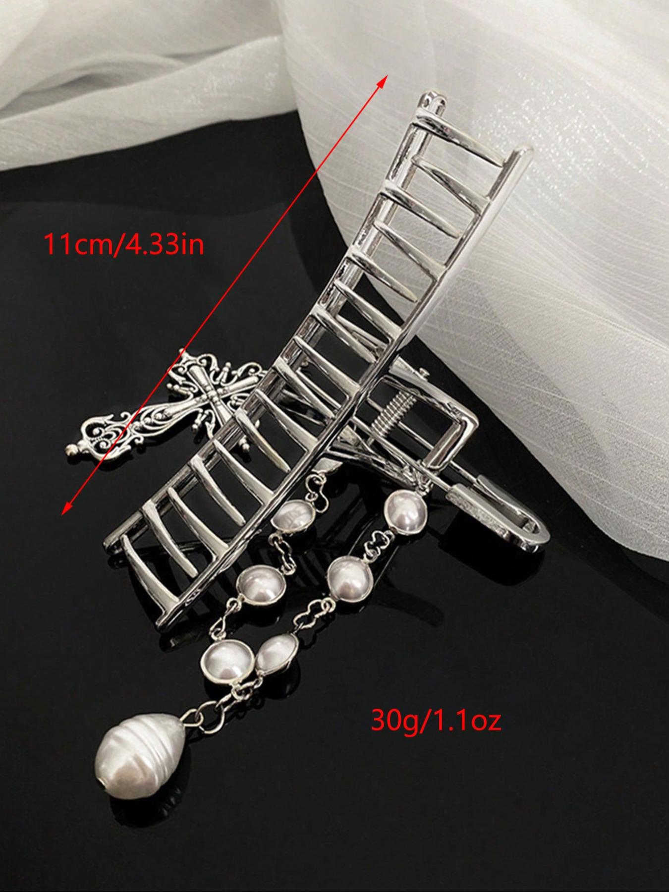 Faux Pearl & Chain Decorated Hair Claw, Hair Clip, Hairpin, Y2K Punk Style Hollow Out Design Hair Accessories for Women & Girls, Vintage Hair Accessories for Daily Wear