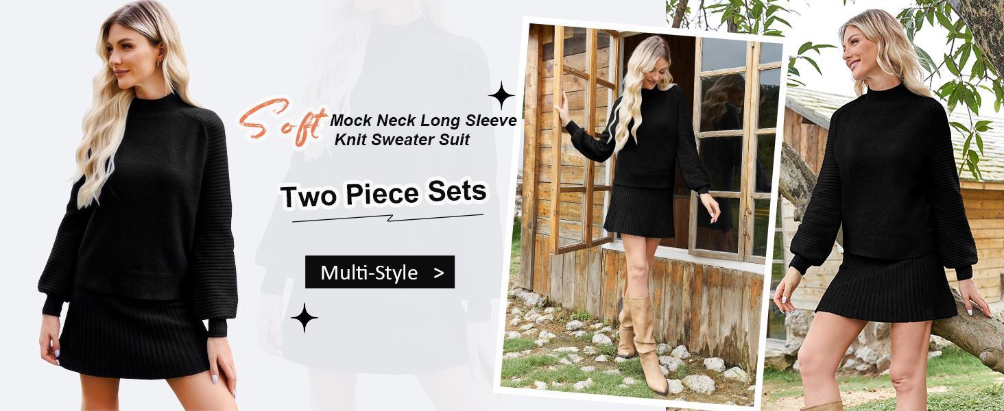 Women's 2-Piece Fitted Outfits - 2026 Long-Sleeve Mock Neck Soft Ribbed Knit Sweater & Puff Sleeve Mini Skirt Set, Easy Dress-Up Casual Fall Winter Fashion