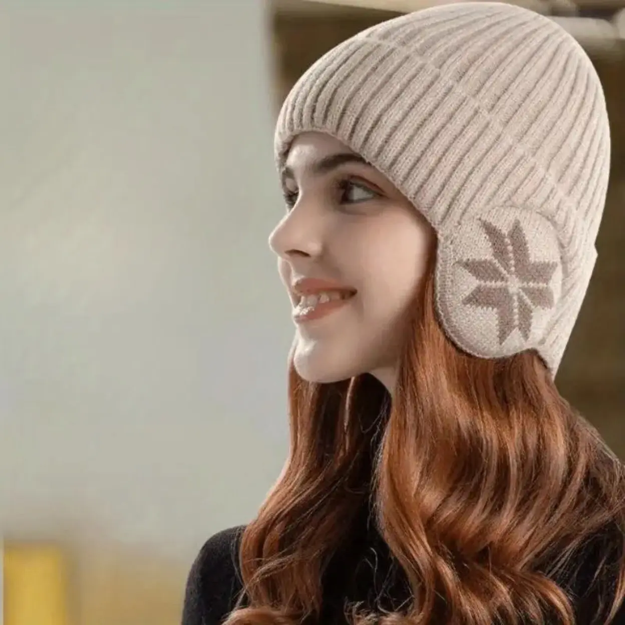 Unisex Cable Knit Winter Beanie Hat, Windproof Thermal Insulated Headwear With Detachable Ear Flaps And Snowflake Design, Soft Textile Accessory For Cold‑Weather Outdoor Sports