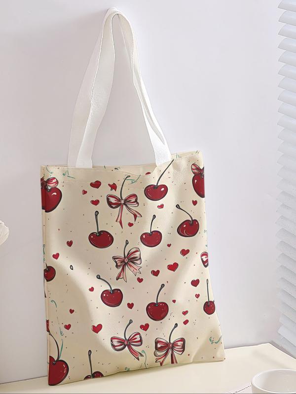 Cherry Bowknot Pattern Casual Storage Bag, Cherry Print, Night Scene, Fashionable and Trendy, Suitable for Daily Shopping, Office, Various Occasions