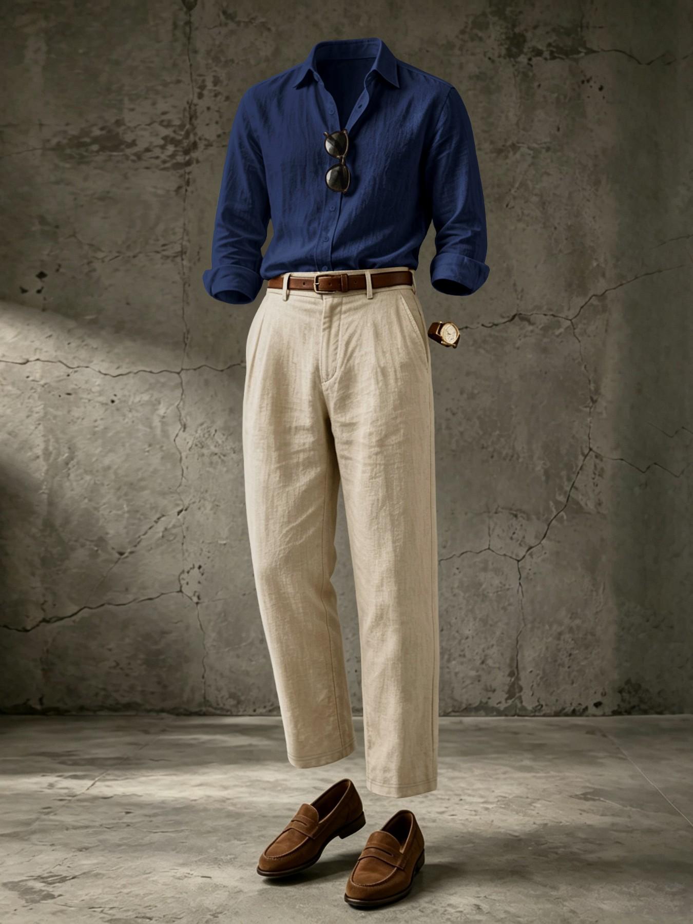 Men's Linen Set, Casual Loose-Fit Blouse and Pants, Long Sleeve Button-Down Shirt, Business Daily Wear, Formal, All Seasons