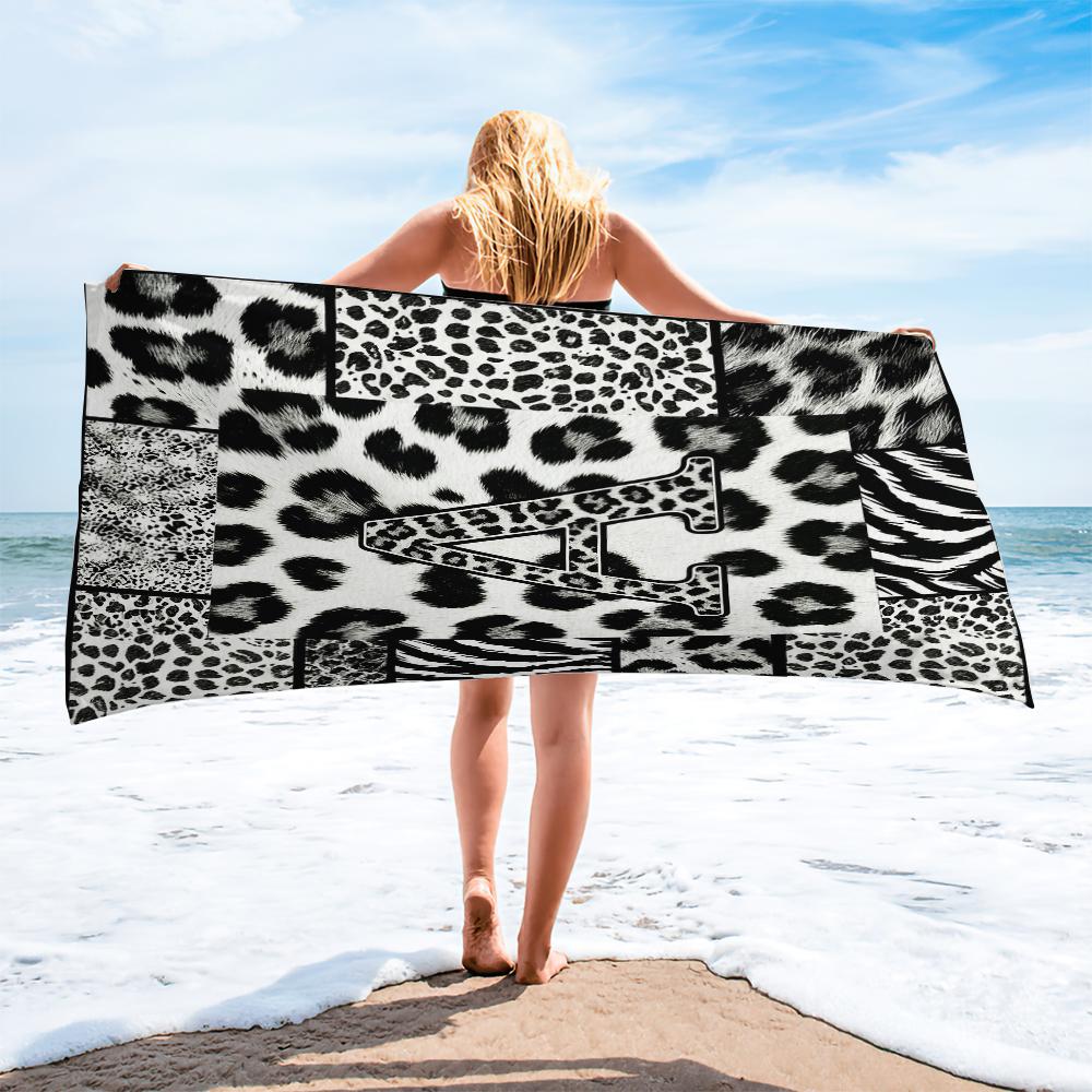 Leopard Print Letter Beach Towel, Black White Animal Patchwork Beach Blanket, Quick Dry Sand Free Bath Towel for Swimming Pool Camping, Monogram Initial Decor for Kids Teens Adults