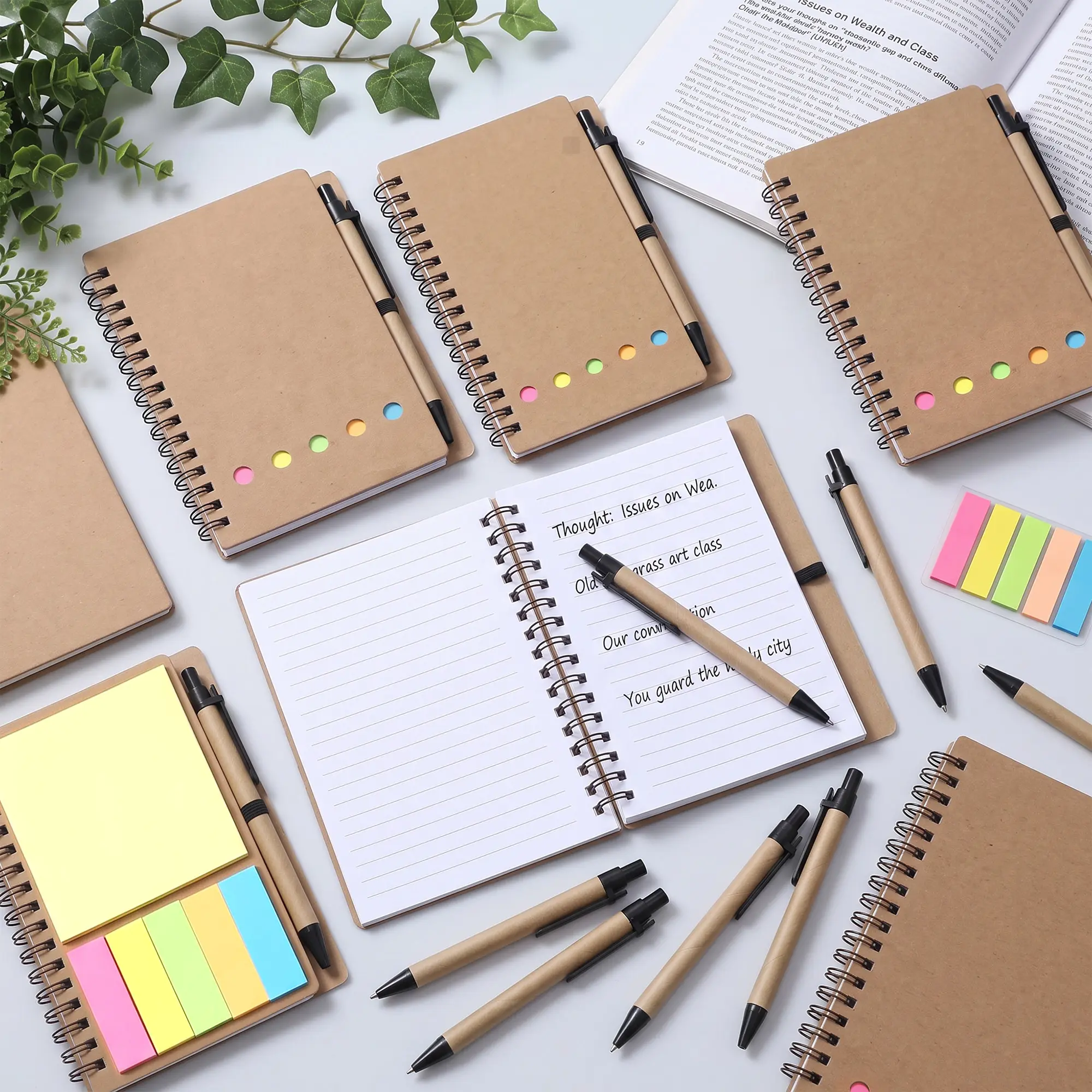 Pocket-Size Kraft Cover Spiral Notebook Set (20/40-Pack) with Lined Pages, Sticky Notes, Pen, Motivational Quote & Index Tabs, Office Stationery for School & Office Use