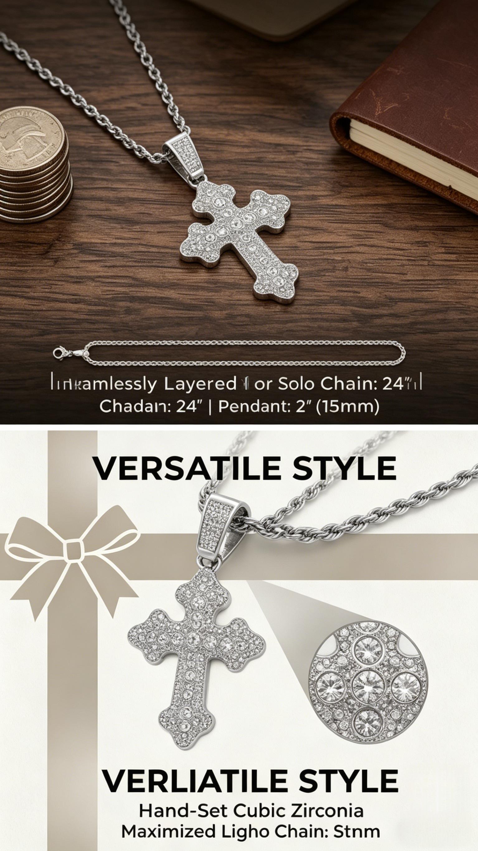 24" Iced Cross Necklace for Men, Hypoallergenic Alloy with Tarnish-Resistant Finish