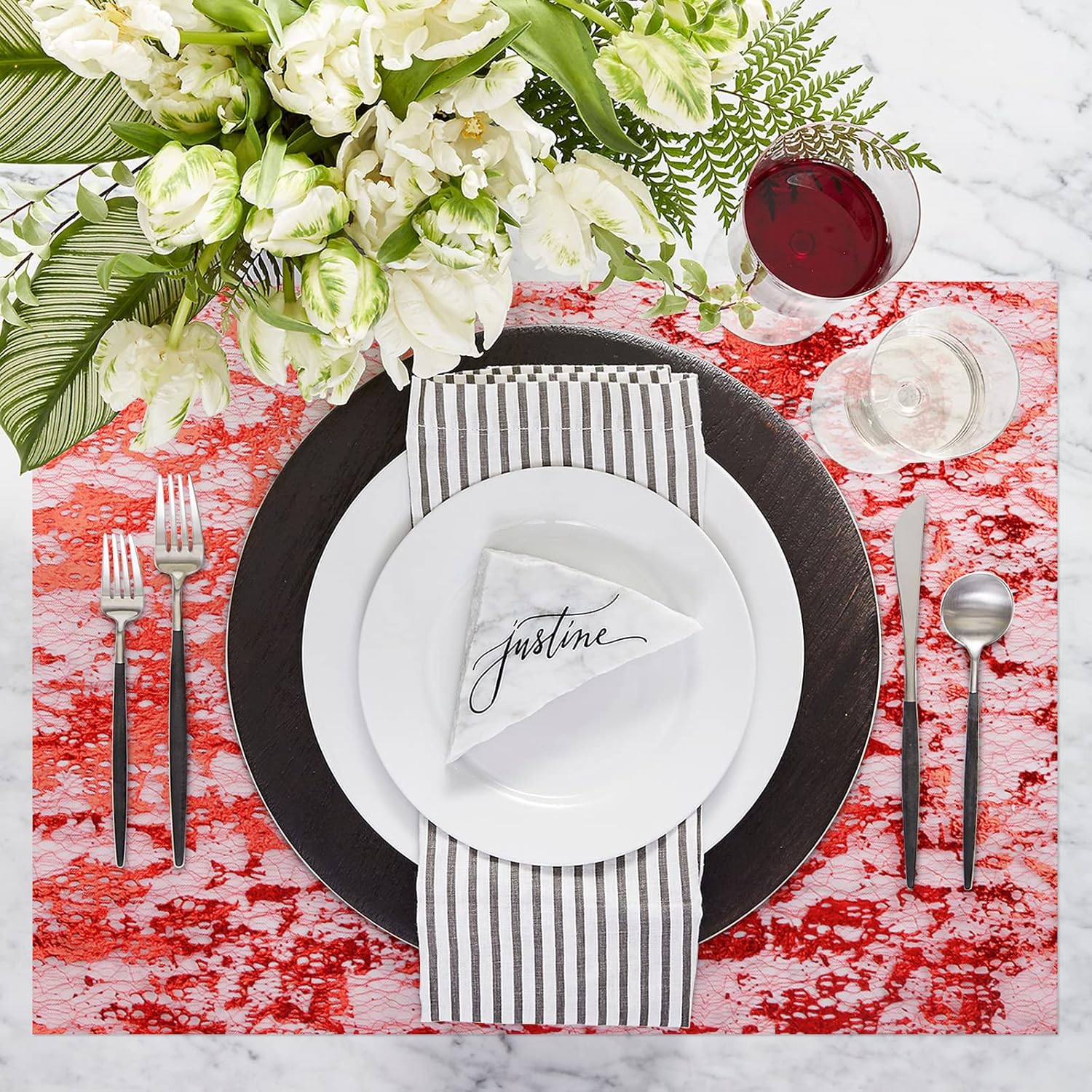 Red Table Runner 11'' x 192'', Metallic Sequin Glitter Foil Thin Mesh Table Runners Roll, Spring Red Table Decorations for Wedding Birthday Party Decor