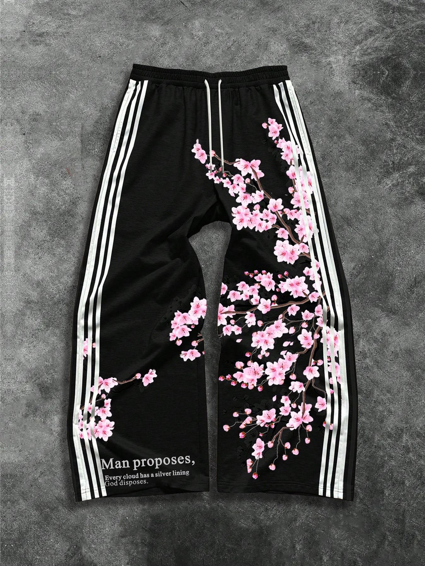 Men's American High Street Loose Wide Leg Pants, Side Stripe Cherry Blossom Digital Print Sweatpants, Drawstring Waist Casual Sports Long Pants