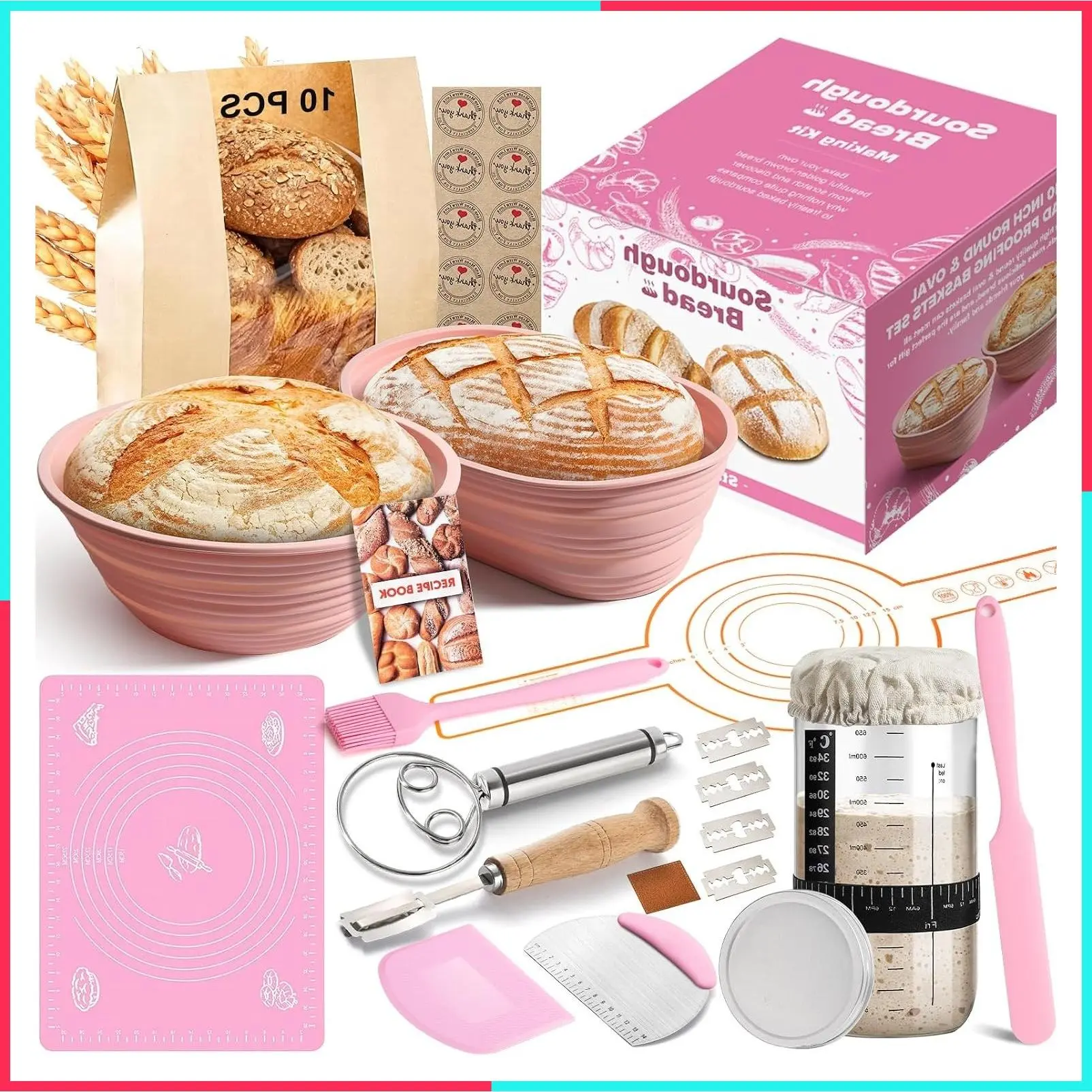 Sourdough Starter Kit, 15 Pcs Sourdough Bread Baking Supplies for Beginners with 24 Oz Glass Starter Jar, Complete Bread Making Set with Silicone Banneton Proofing Basket, Baking Accessories