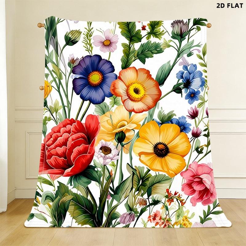 Vibrant Floral Printed Throw Blanket, Single - sided Printing, Multiple Specifications Available, Decorative Botanical Design with Colorful Flowers & Green Foliage, Ideal for Napping/Lounging, Soft Comfortable Material, Perfect for Home Relaxation
