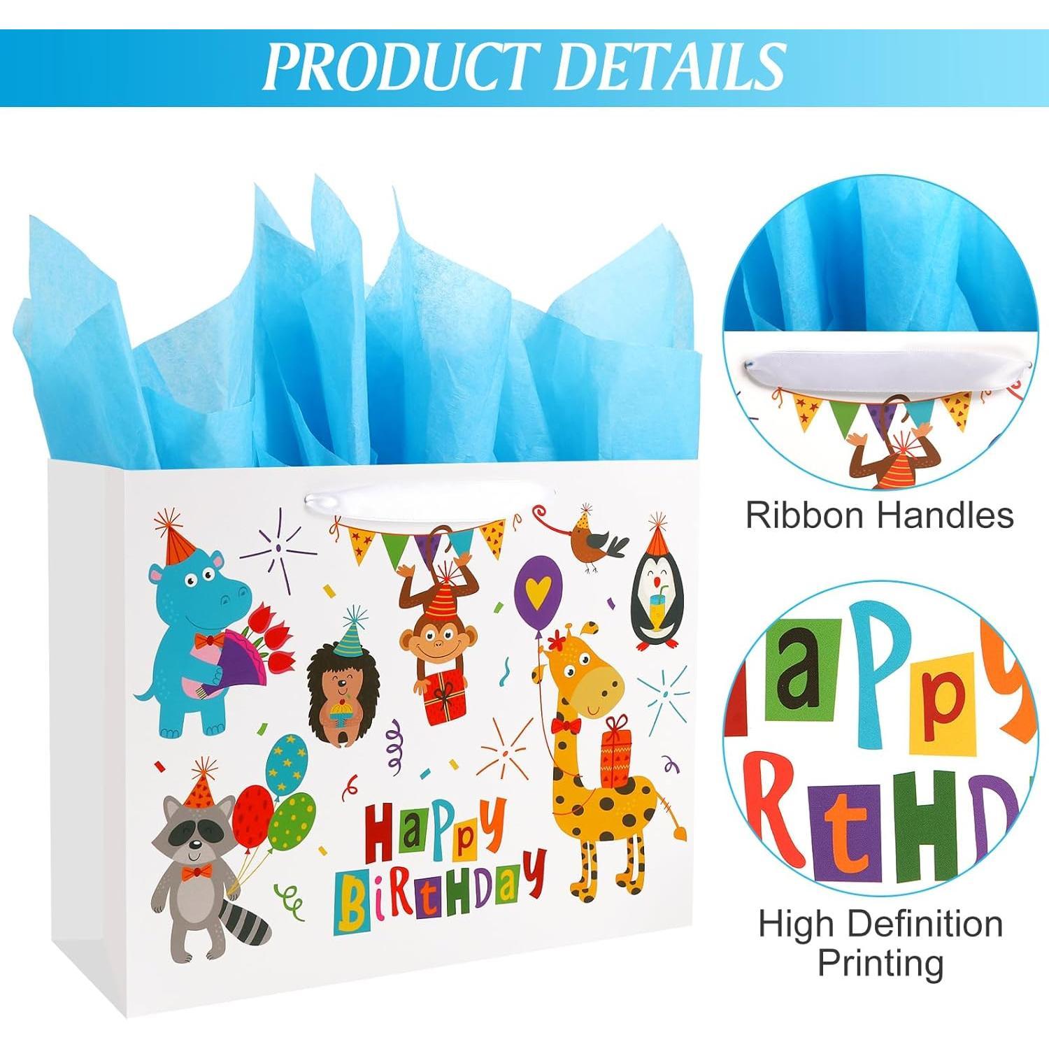 13" Large Size Happy Birthday  Bag Zoo   with Happy Birthday Sign  Bag with Greeting Card and Tissue Paper for   Girls Boys Men Women Bday