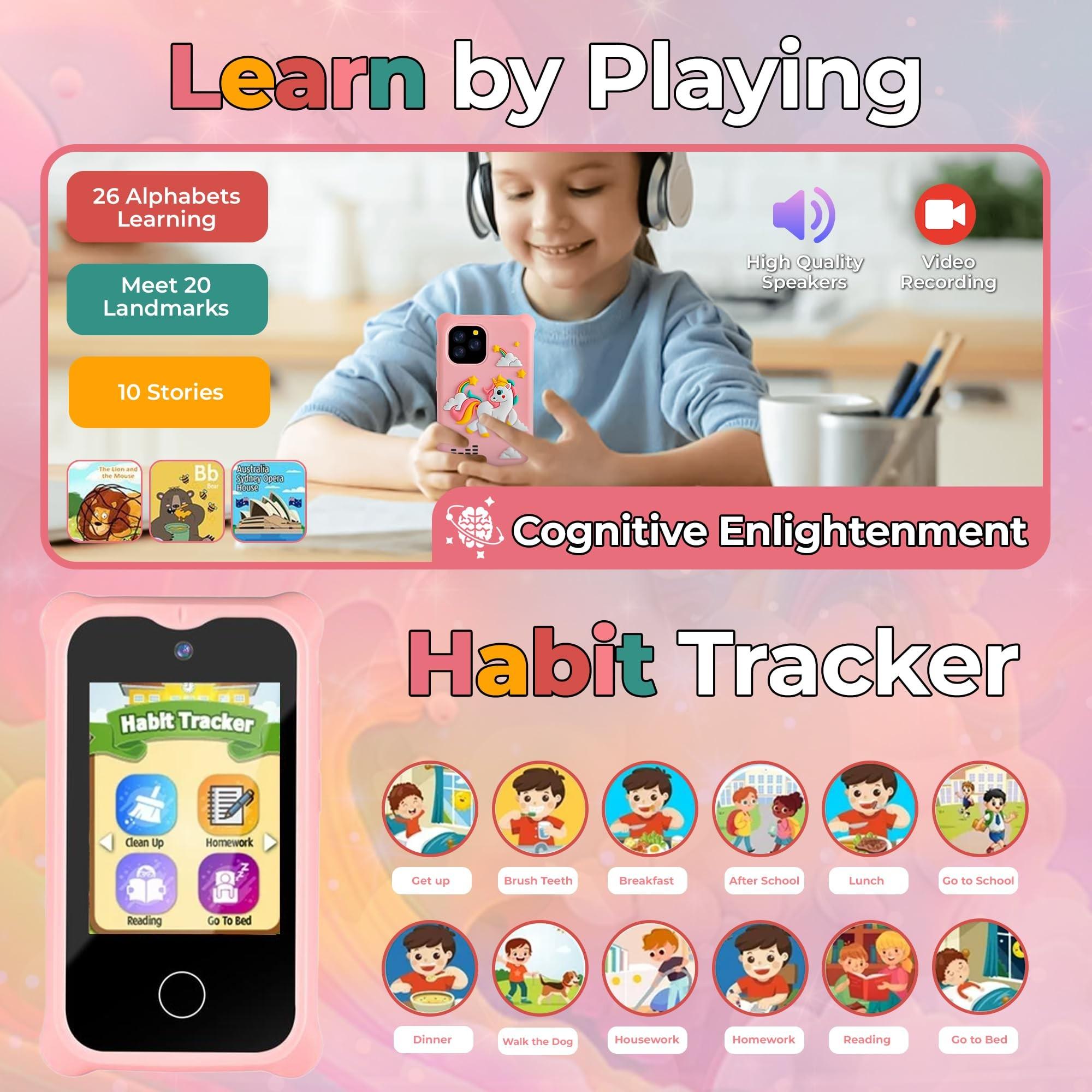 KGG Cute Cartoon Kids Mini Phone, Fun Educational Learning Toy with English Words, Puzzle Games, Music, Video, Camera, Recorder, Alarm, Flashlight, Calendar, Calculator & 12 Habit Trackers. Multifunctional Smart Electronic Toy for Students.