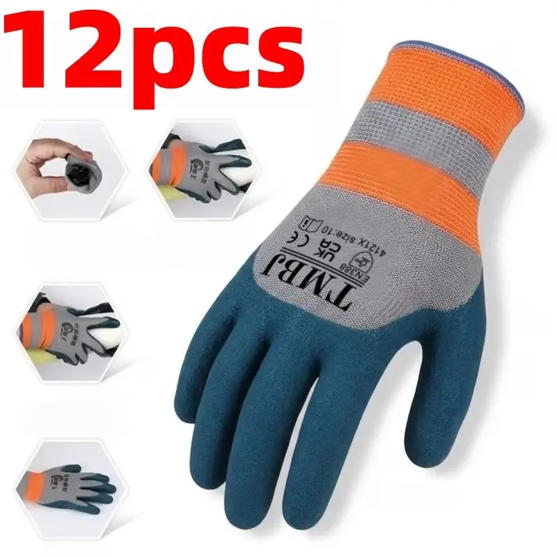 12pcs Coated Work Gloves, Safety Working Gloves, Gardening & Car Repair Gloves, Soft Comfortable, Elastic Anti-Slip Safety Gloves for Outdoor Use
