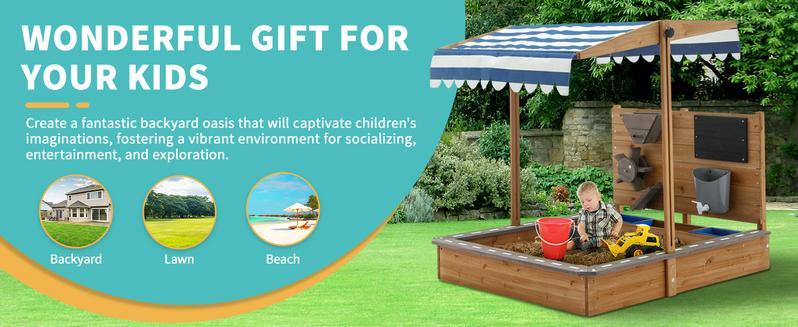 Linor Kids Wooden Sandbox with Roof, Canopy, Adjustable Cover, Sand Funnel, and Drawing Board for outdoor fun in the backyard or beach