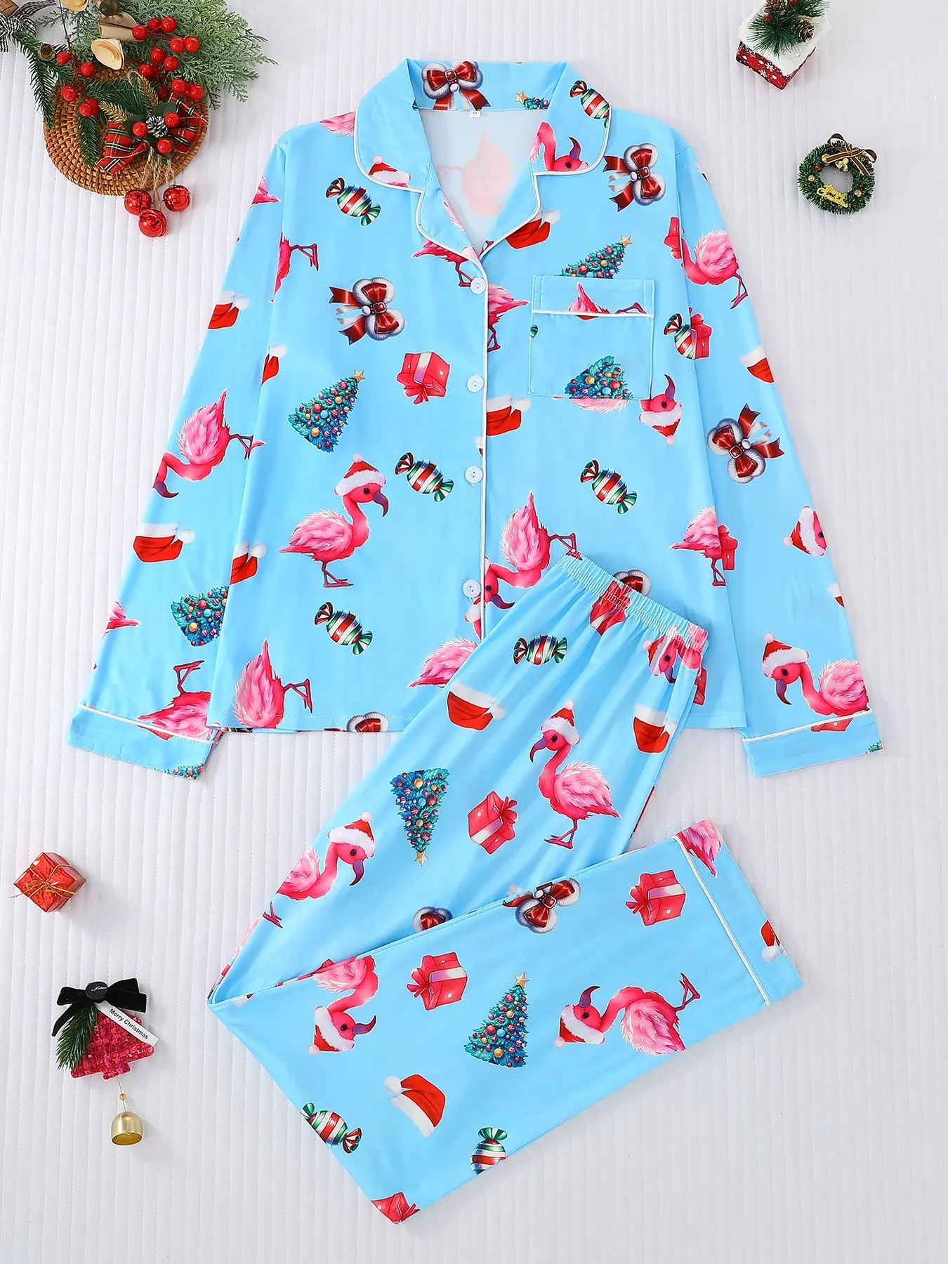 2-Piece Casual Autumn Winter Christmas Flamingo Print Women's Pajama Set, Buttoned Long Sleeve Top and Comfortable Pants, Versatile All-Season Sleepwear