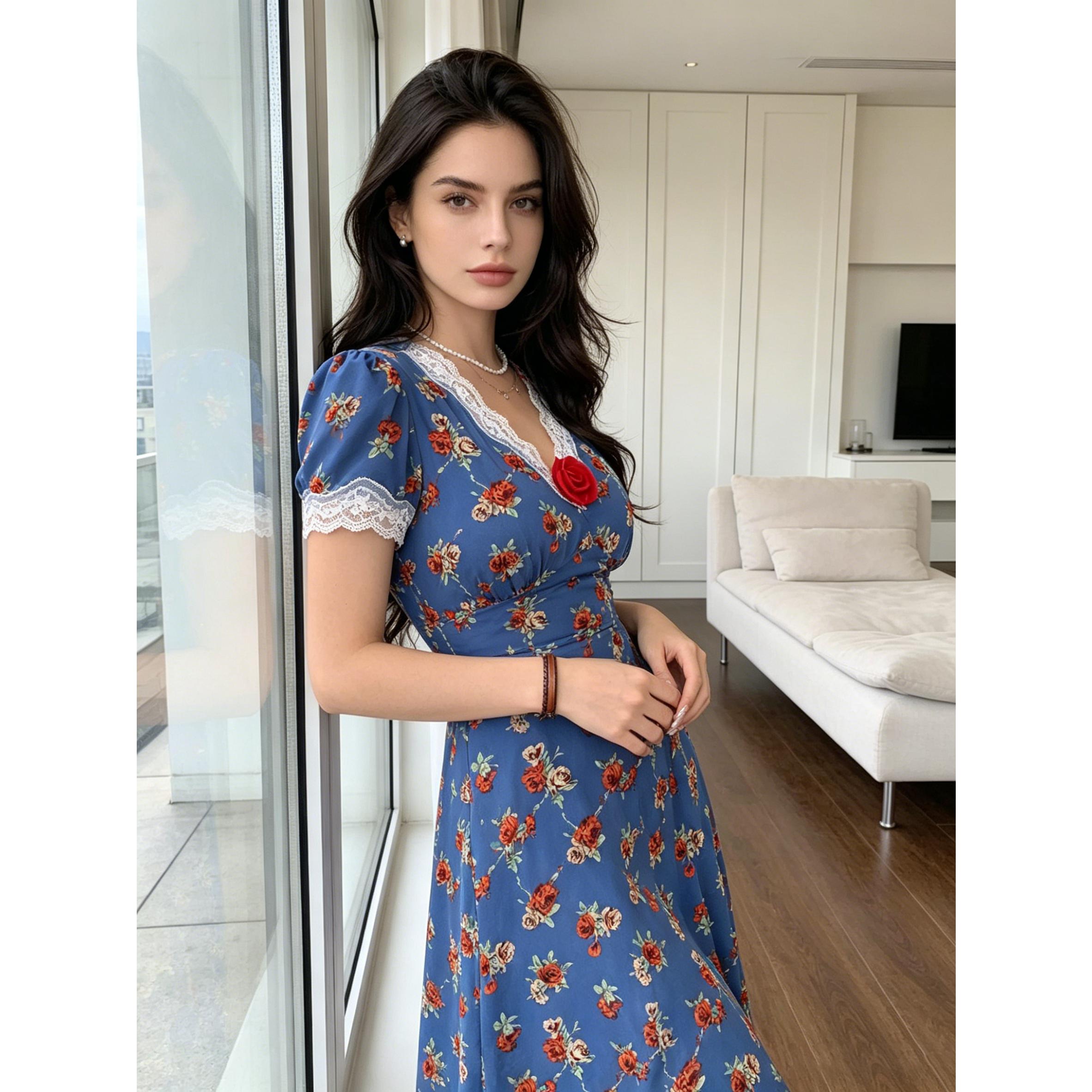 Vintage French Blue Floral Midi Dress Romantic Lace V-Neck Gown | S-XXL Inclusive Sizing | Perfect for Picnic, Date Night, Sunday Brunch & Tea Parties Vintage French Blue Floral Midi Dress Romantic Lace V-Neck Gown | S-XXL Inclusive Sizing | Perfect for Picnic, Date Night, Sunday Brunch & Tea Parties