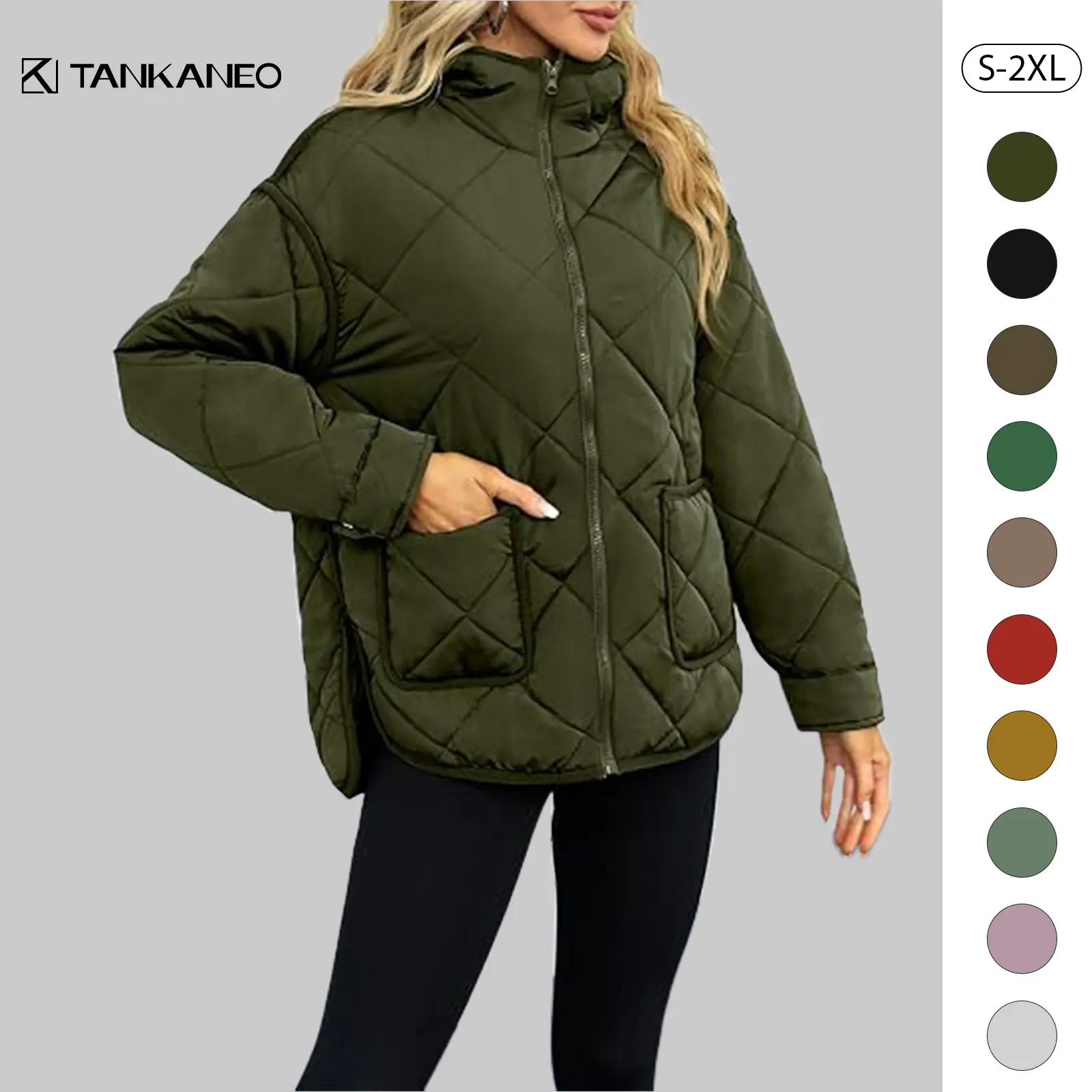 Tankaneo Women's Polyester Quilted Puffer Jacket - Hooded, Long Sleeve, Zip Up, Solid, Oversize, Split Hem, Packable, With Pockets, Winter Coat