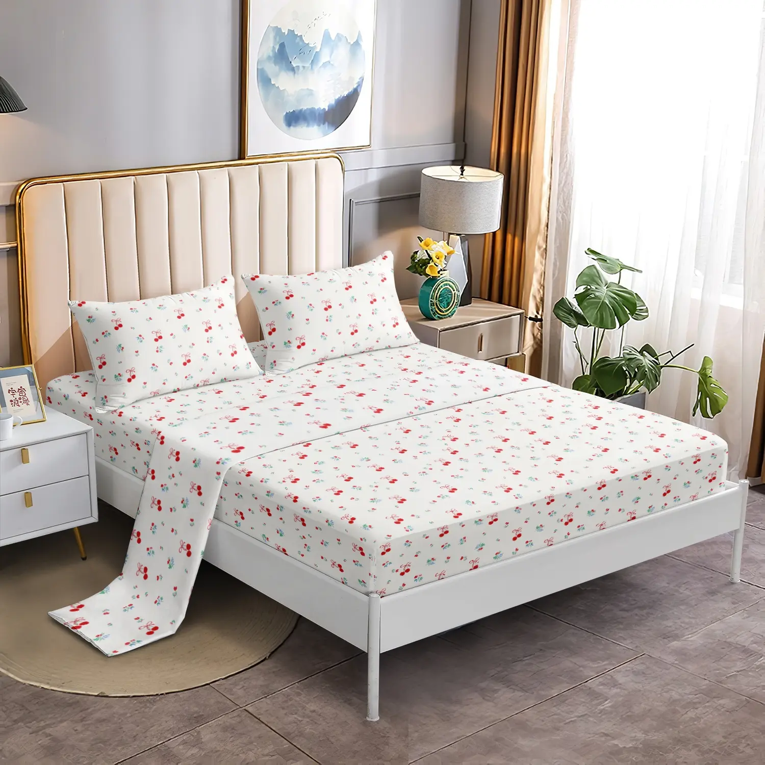 4Pcs Cute Cherry & Tiny Floral Fitted Sheet Set, White Base Red Cherry Mini Flower Print Flat Sheet Fitted Sheet, Soft Microfiber Sweet Coquette Cottagecore Bedroom Decor (1 Flat Sheet+1 Fitted Sheet+2 Pillowcases)