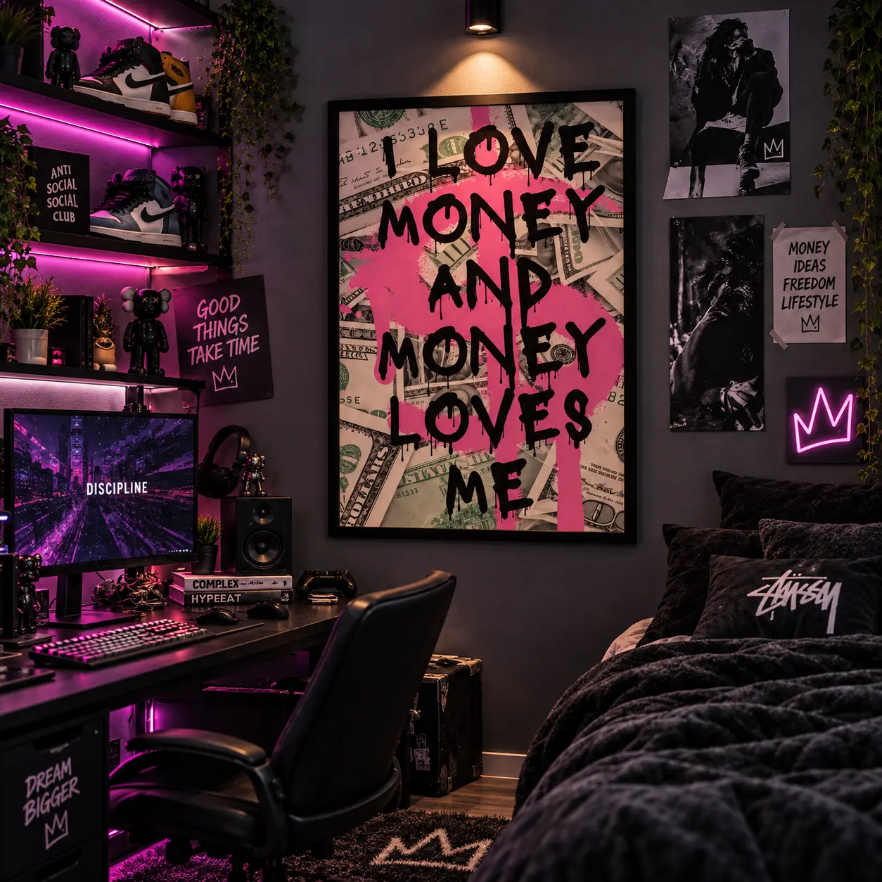 Pink Money Quote Canvas Wall Art, Y2K Baddie Graffiti Poster, Luxury Streetwear Typography Print, Cash Aesthetic Room Decor for Bedroom, Dorm, Vanity, Office or Apartment, Funky Preppy Wall Decoration Gift for Girls and Fashion Lovers
