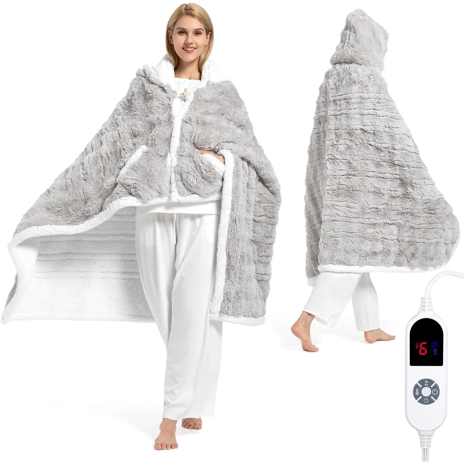 Wearable Heated Blanket Hoodie, Luxury Faux Fur & Sherpa Electric Throw Blanket, Heated Shawl Wraps Poncho with Pockets for Women Men, 3 Heat Levels & 12H Timer, ETL & FCC Certified 40"x70" Light Grey