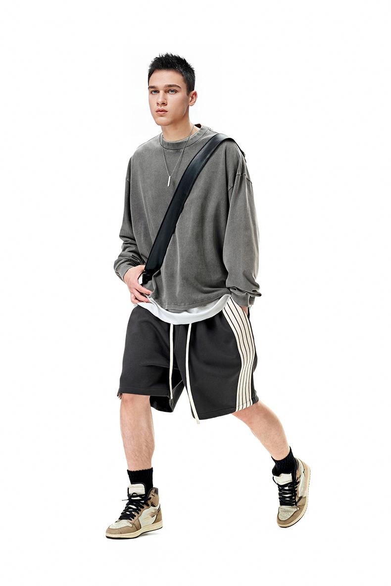 Inflation 100% Cotton 270g Cropped Boxy Fit Washed Oversize Streetwear Long Sleeve T-Shirt Autumn New American Vintage Washed Cotton Tee Short Menswear Top Tshirt Round Neck Crewneck Casual Bestie Operator Beige Plain