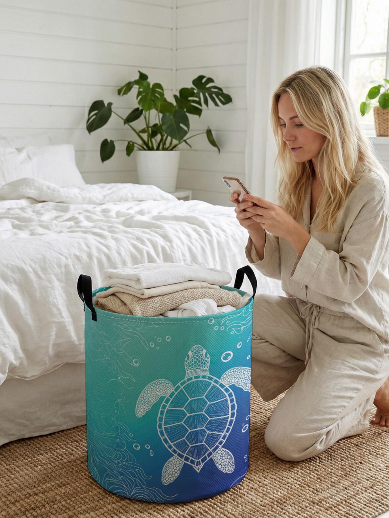 1 piece of turtle ocean pattern 2D printed open storage box, double handle reinforcement + foldable storage | dirty laundry storage/toy organization/home decoration all-in-one