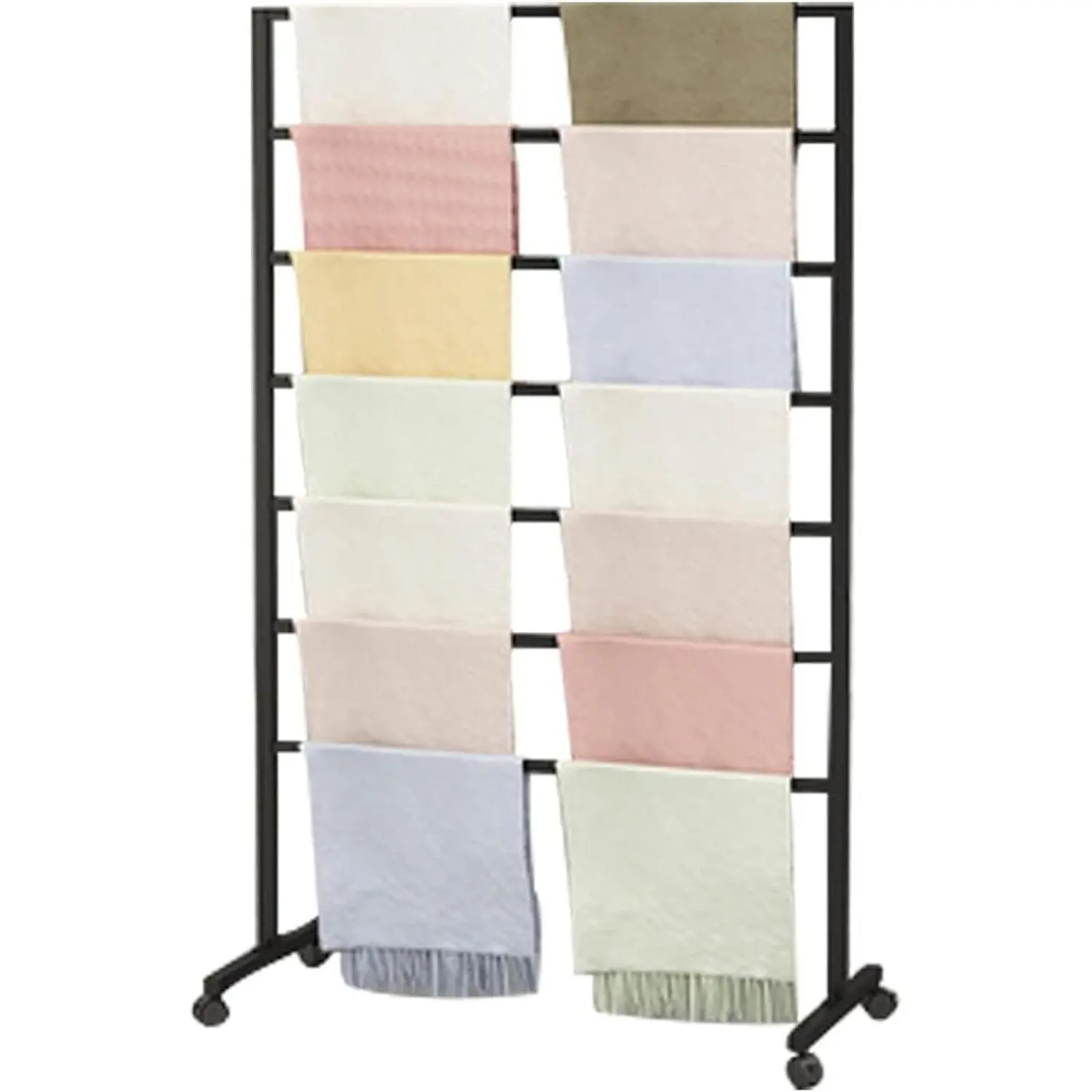 360 Swivel Caster Wheels Metal Scarf Display Stand, Movable Freestanding Floor Display Rack, Belt Shawl Hijab Organizer for Boutique Commercial Home Display