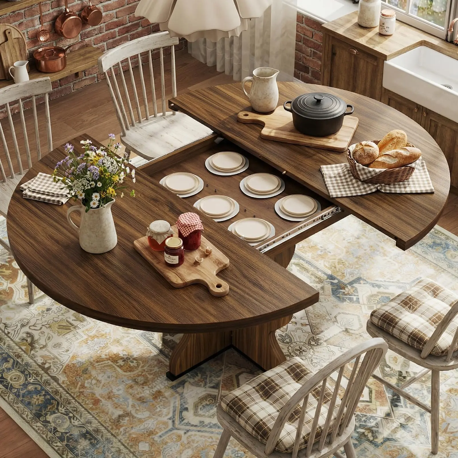 47"-63" Extendable Dining Table for 4-8, Farmhouse Round Wooden Dining Room Table w/Wavey Legs, Circle, Oval, Space-Saving, Sturdy Thick Pedestal Metal Base, for Kitchen, Apartment