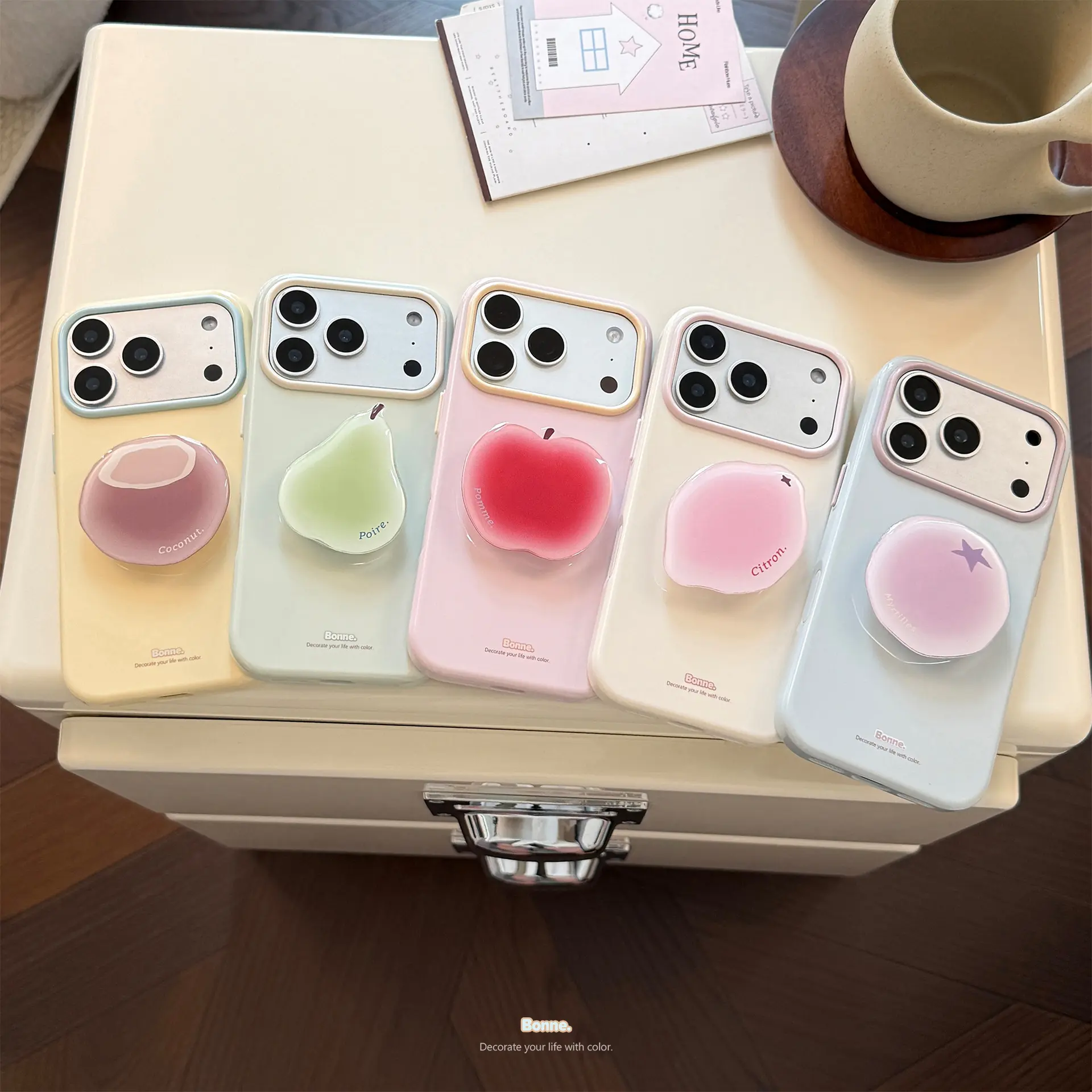 Cute Fruit Pop Socket Phone Case, Pastel Color Fruit Stand Girly Protective Cover for iPhone