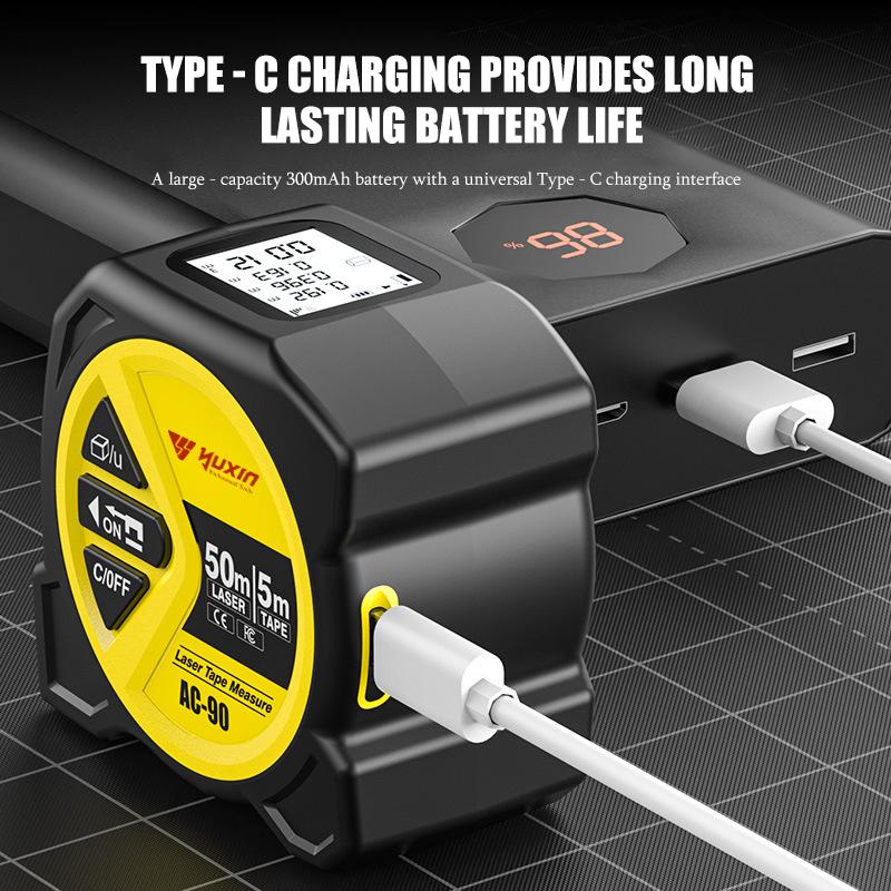 2 in 1 Digital Laser 5m Tape Measure with LCD Display, Self-Locking Device, 40m, 50m, 60m Measuring Options, Work Equipment for Men