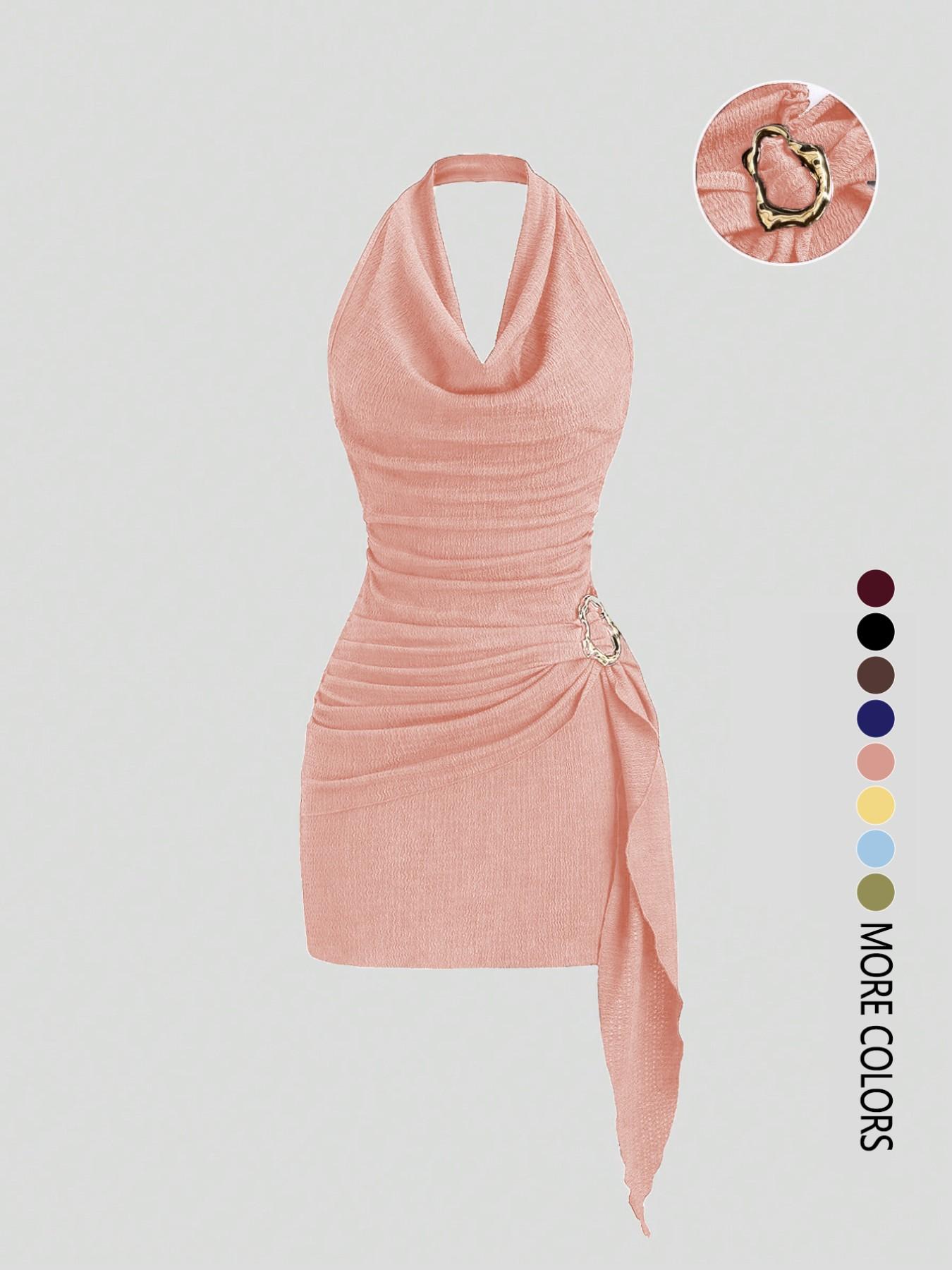 Women's Fashion Solid Color Ruched Halter Dress, Casual Office Wear, Elegant Backless Design, Perfect for Daily Wear, Stylish and Comfortable Dress