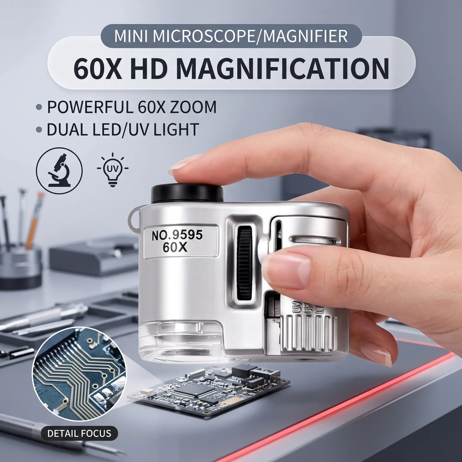 60X Mini HD Pocket Microscope with LED and UV Light, Ultra-Compact Handheld Magnifier for Identification of Jewelry and Diamonds, Coin and Stamp Collection, Observation of Insects and Plants, Portable and Easy-to-Carry High-Definition Microscope