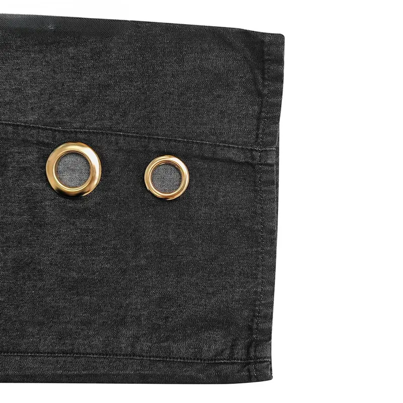 Women's High Waist Geometric Eyelet Cotton Mix Denim Style Jeans - Baggy Wide-Leg Cropped Bottoms with Side Pockets, Zip Fasten, Casual Fashion Fabric, 2026 Fall Festival Streetwear, Cold Wash Y2K Clothing
