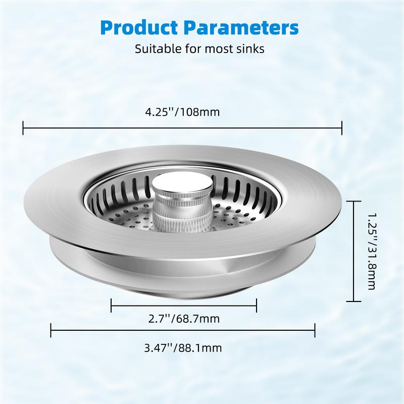 3-in-1 Kitchen Sink Drain Strainer, Stainless Steel Sink Plug, Deodorizing Anti-Clog Basket Strainer for US Standard 3-1/2 Inch Drains