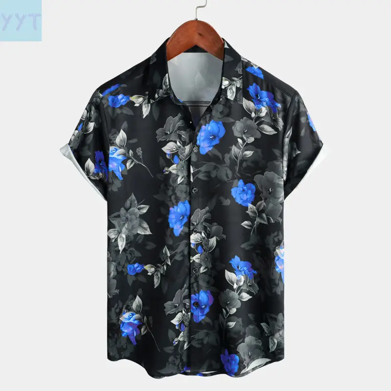 YYT1  Men's Wear Short-Sleeve Button-Down Hawaiian Shirt - Black Base with Blue Rose Floral Print, Vintage Dark Floral Casual Tropical Cotton Top Beach Vacation, Father's Day Gift Option, Shortsleeve