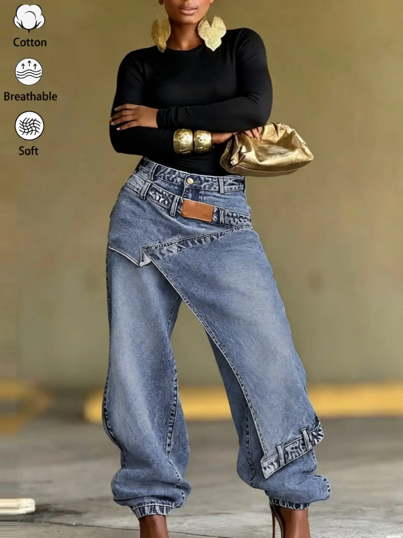 Women's Y2K Asymmetric Waist Baggy Jeans Light Wash Patchwork Loose Fit Denim Pants for Streetwear, Parties & Daily Wear