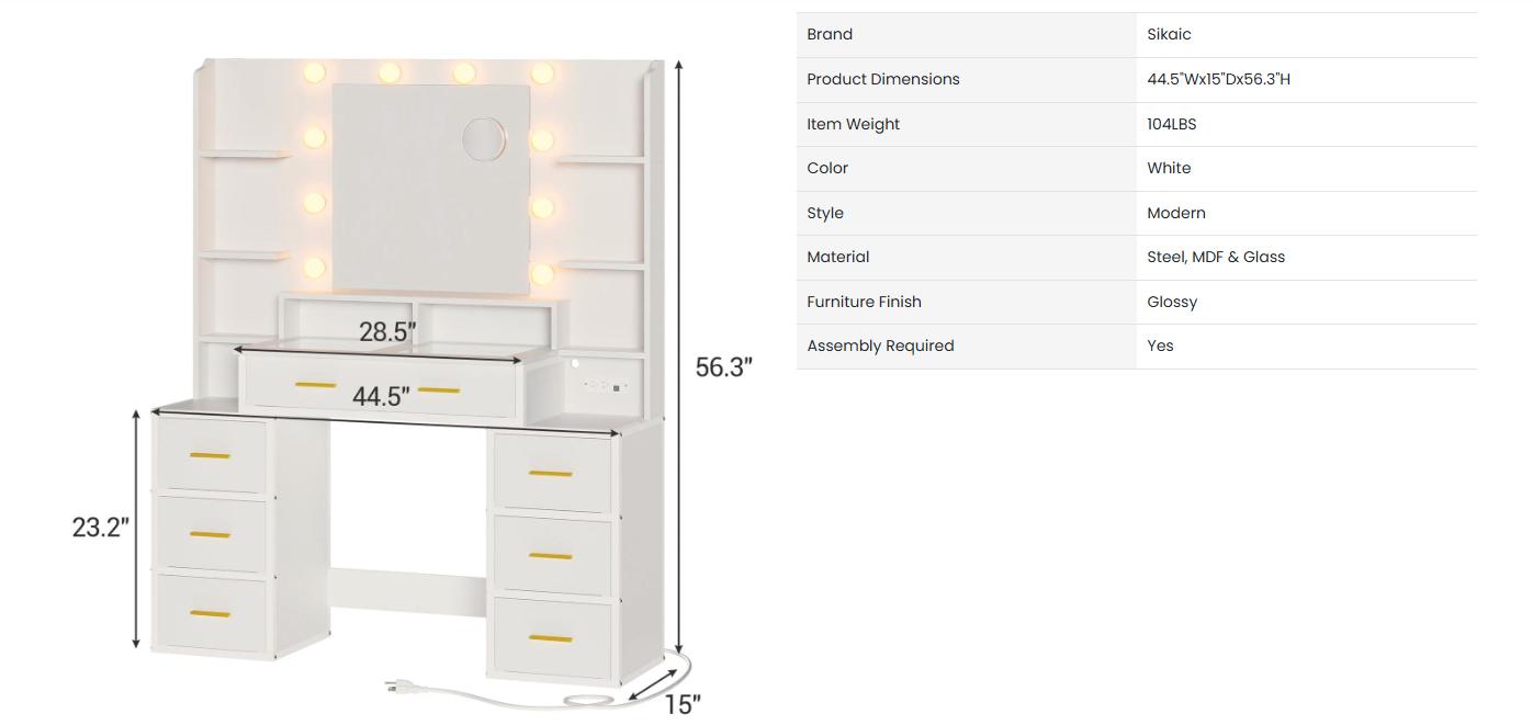 Sikaic Makeup Vanity with Mirror and Lights, 10x Magnifying Mirror & Power Outlets, Glass Top Vanity Desk Furniture Table