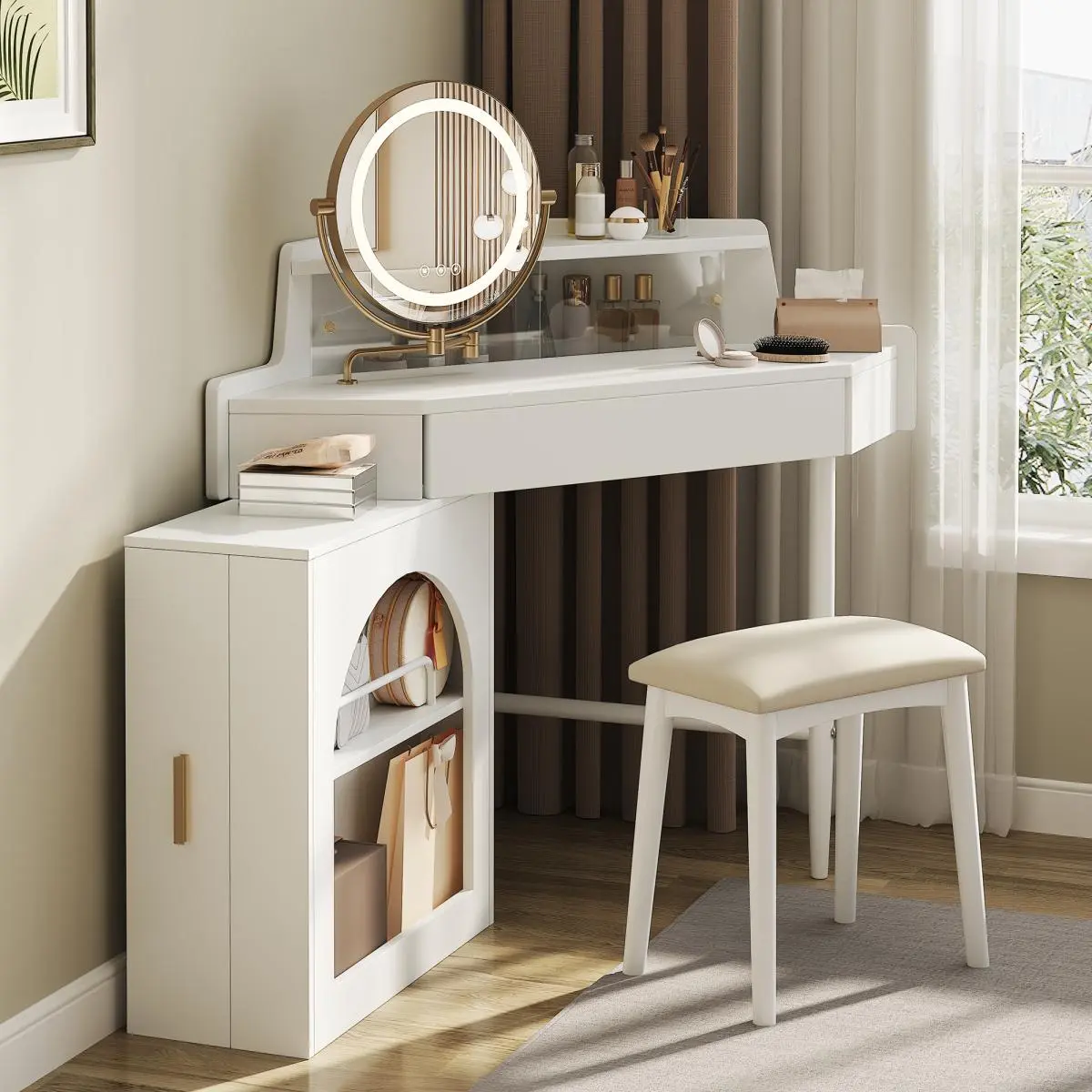 Corner Makeup Vanity Desk with Lighted Mirror and Stool, White Vanity Set with Storage Drawer, Side Cabinet, and Adjustable LED Mirror for Small Bedroom Spaces