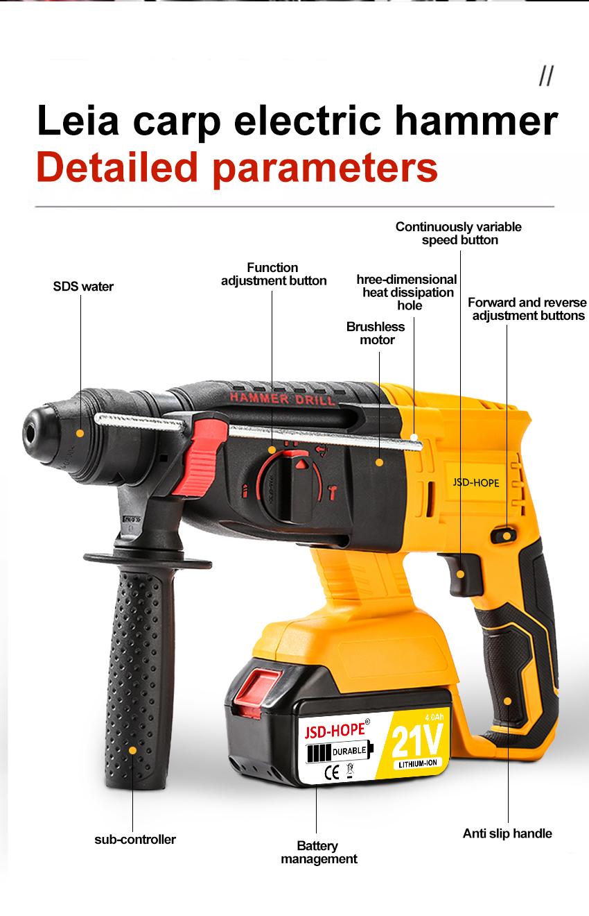 21V Electric Hammer Drill with 6/8/10/12 Chisel Bit, 360°C Swiveling Front Handle, Electric Hammer for Concrete Breaking