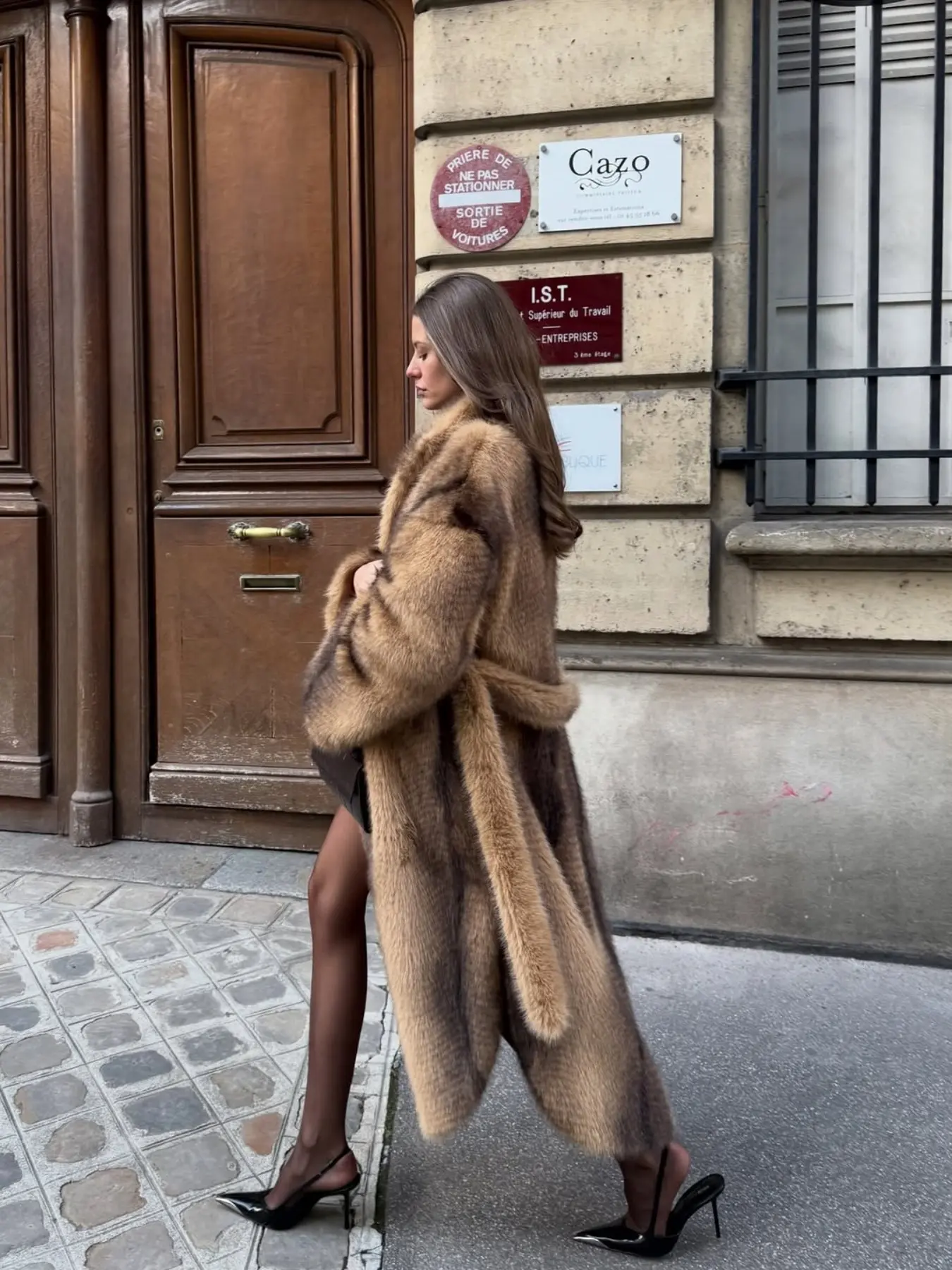 Women's Long Coat with Split Hem and Belt, Eco-Friendly Faux Fur, Warm Artificial Leather, Fashionable Winter Outerwear