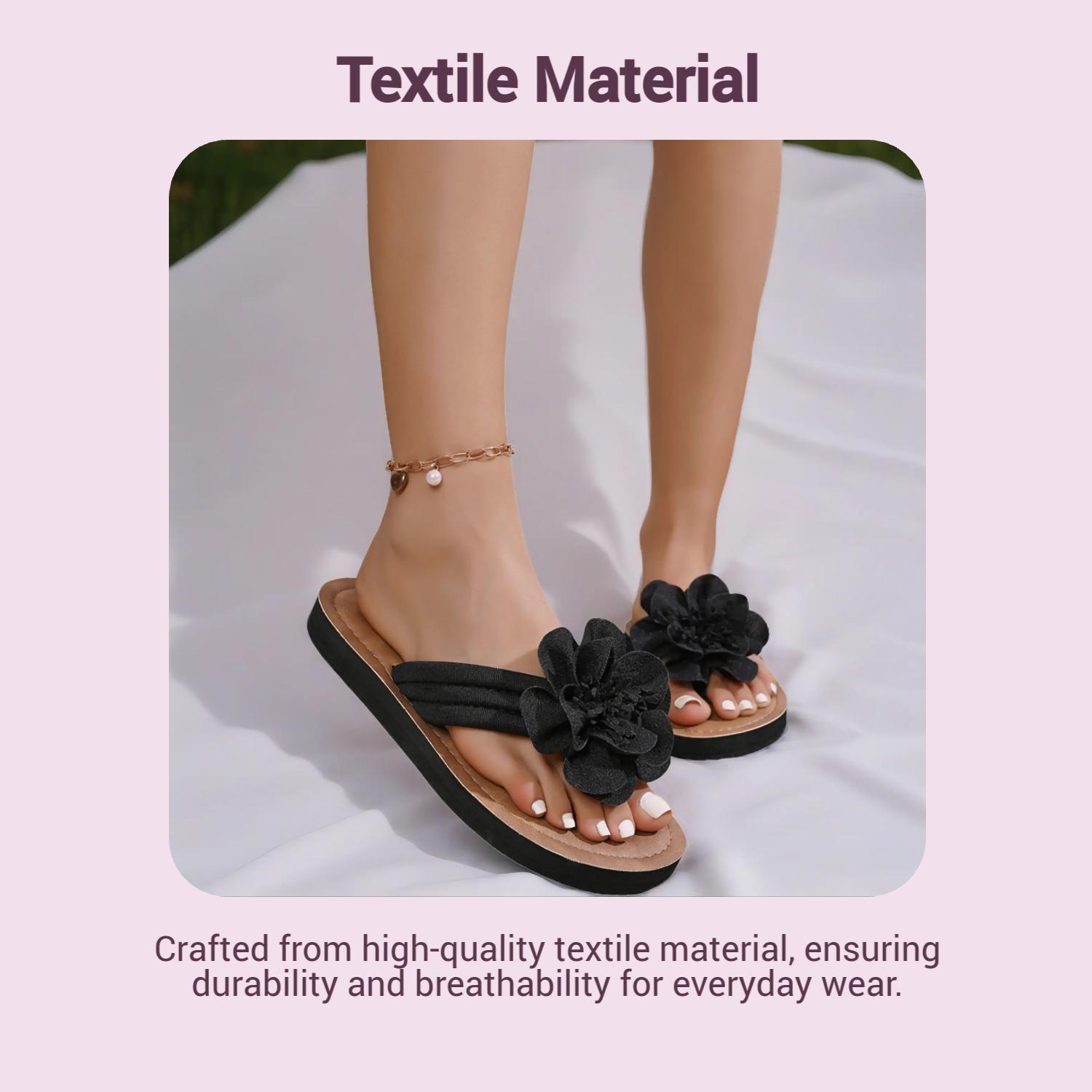 Women's Flower Flip Flops - Black Fabric Thong Sandals with Floral Embellishment