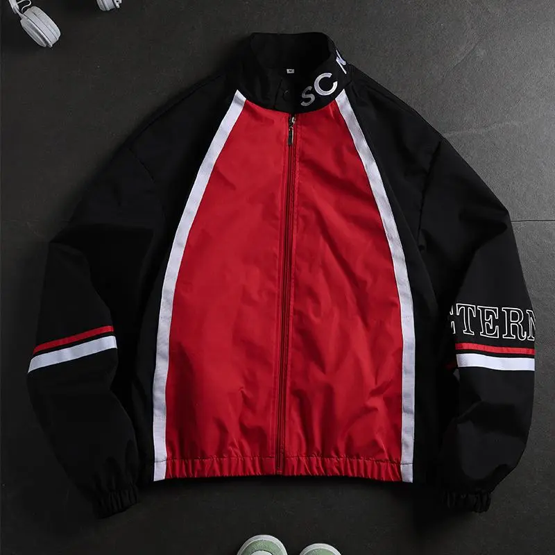 Men Color Block Track Jacket, Stand Collar Full Zip Windbreaker Jacket with Letter Print, Black Red White Striped Elastic Cuff Casual Streetwear Windproof Lightweight Athletic Outerwear
