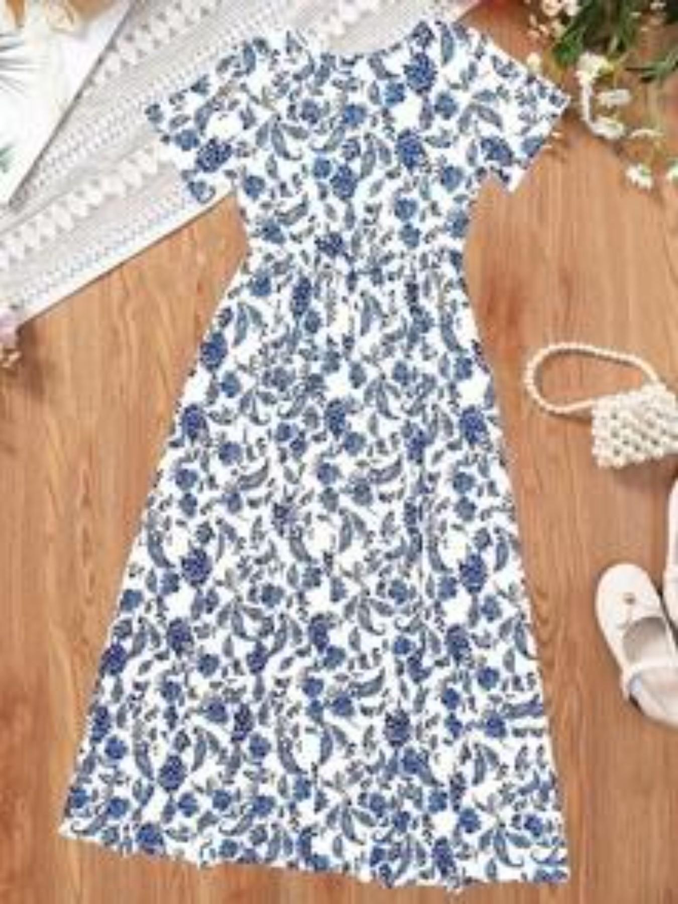 Boho Bohemian Style Paisley Full Print Short Sleeve Midi Dress, Girls' Holiday Casual Dress, Summer Gift, Fitted Leaf Pattern Dress