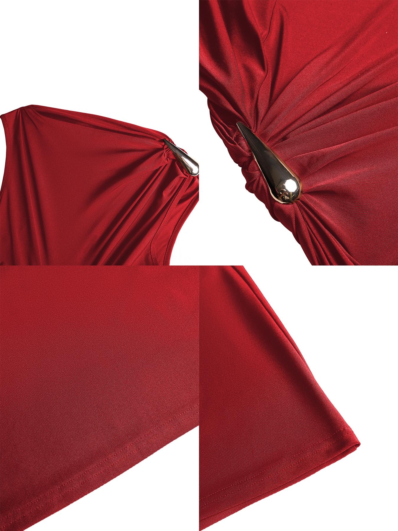 Aliling Elegant Chic Sleeveless Midi Dress for Women High Waist Folds Boat Neck Bodycon Fitted Solid Female Formal Evening Sexy Clothing Perfect for Party and Dates