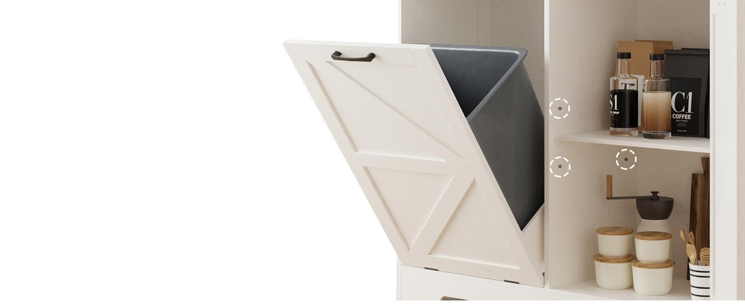 Vabches Tilt Out Trash Can Cabinet for 10 Gallon Trash Can, Farmhouse Kitchen Island Bin Cabinet with Adjustable Shelf for Hidden Laundry Basket, Dual Dog Proof Garbage Can for Dining Room, Living Room, White