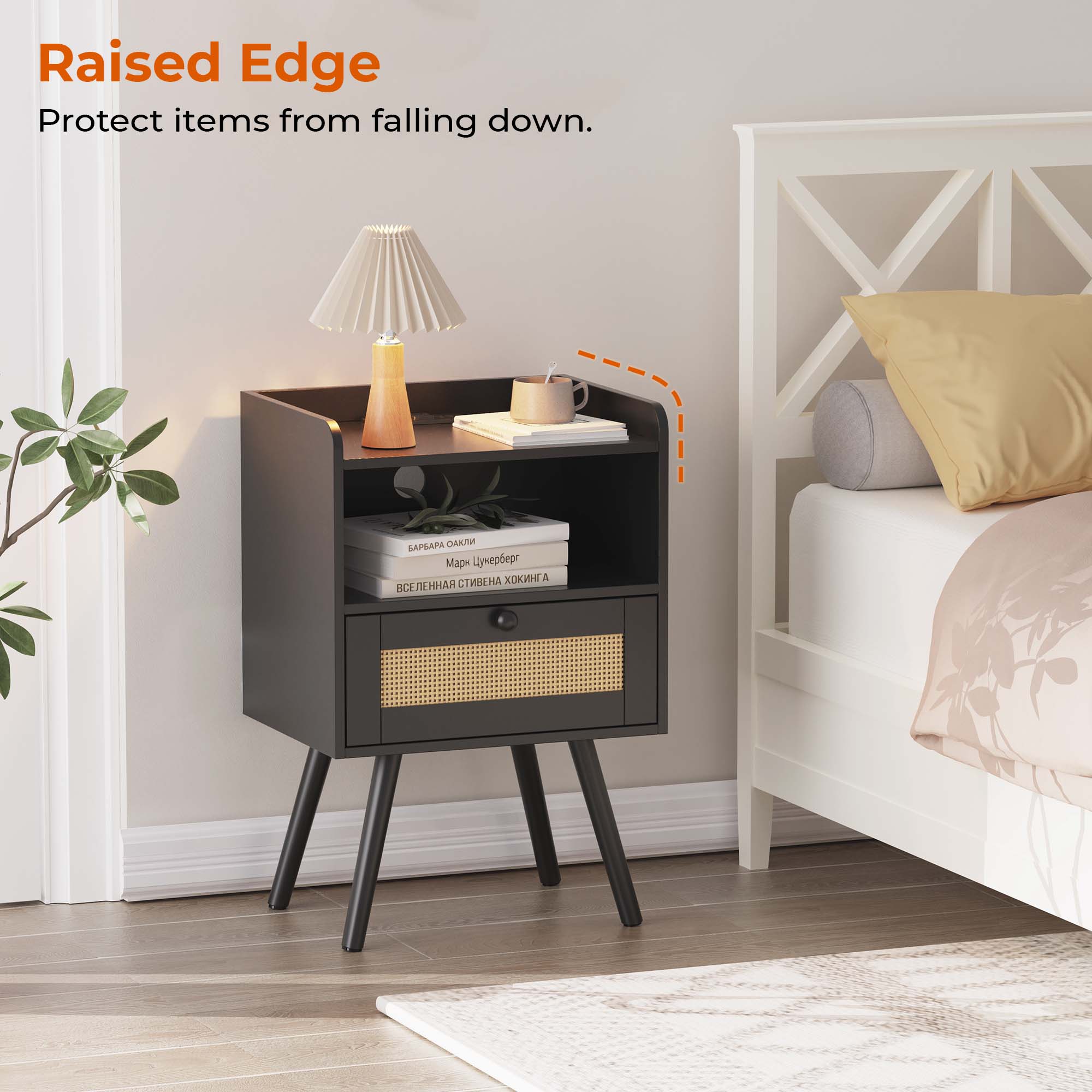 SUPERJARE Nightstands Set of 2, Night Stands with Charging Station & PE Rattan Decor Drawer, Bed Side Tables with Solid Wood Feet, End Table, for Bedroom, Living Room SUPERJARE Nightstands Set of 2, Night Stands with Charging Station & PE Rattan Decor Drawer, Bed Side Tables with Solid Wood Feet, End Table, for Bedroom, Living Room