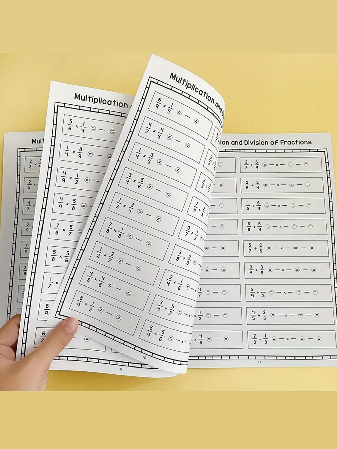 Elementary Math Workbook Set, Focuses on Basic Fraction Calculations, Includes Guided Addition Subtraction Multiplication Division Practice, Math Worksheets, Math Exercises