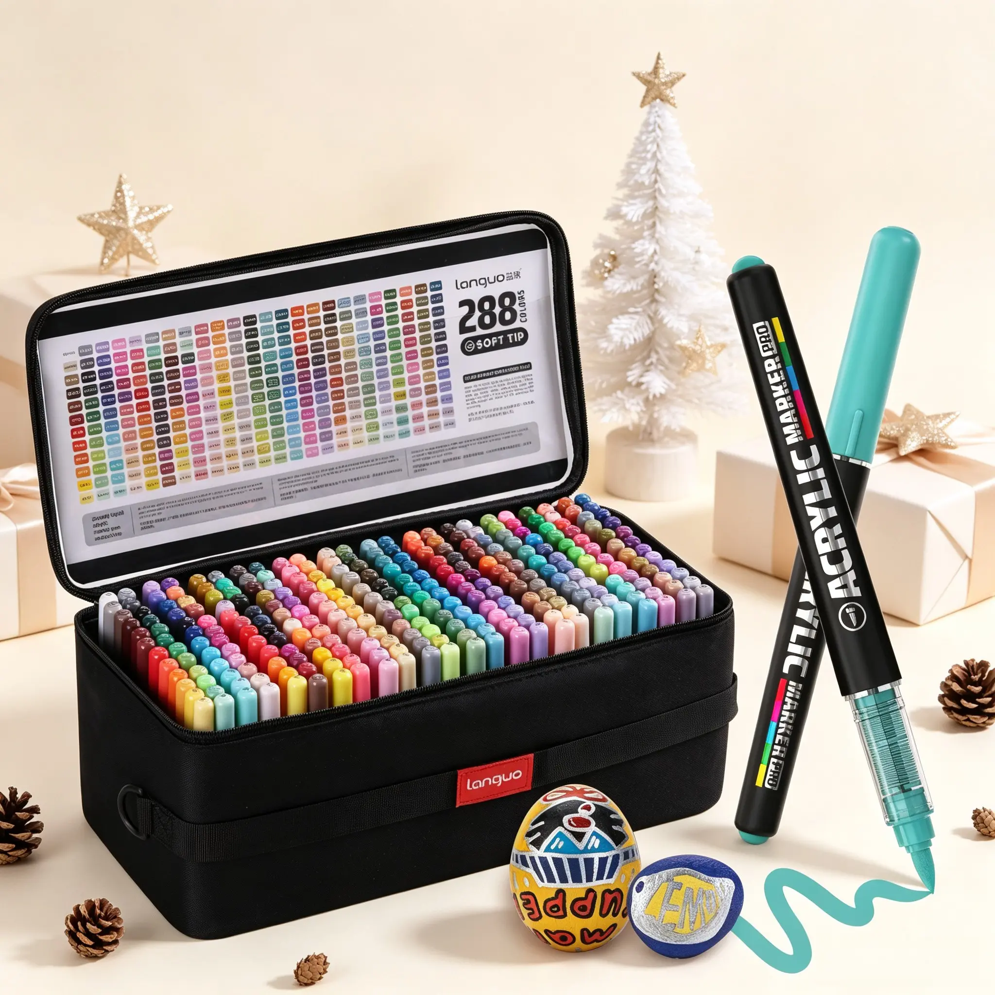LANGUO Heavy Color PRO Acrylic Paint Markers | Upgraded Liquid Ink, Great Coverage, Replaceable Tips. Paint on black paper, wood, stone, glass. Great for rock art & crafts. Awesome gift for students, beginners & artists, Crafts Art Supplies